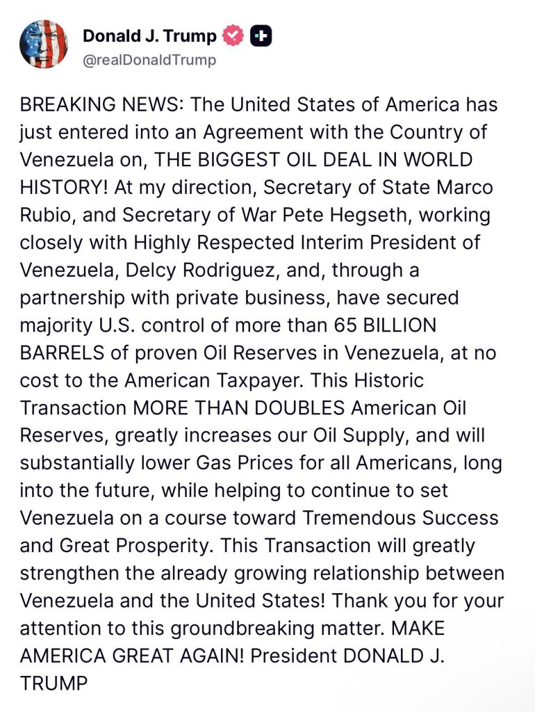 ¿Ya hay trato? Trump afirma que hay acuerdo con Venezuela para controlar 65 millones de barriles petroleros