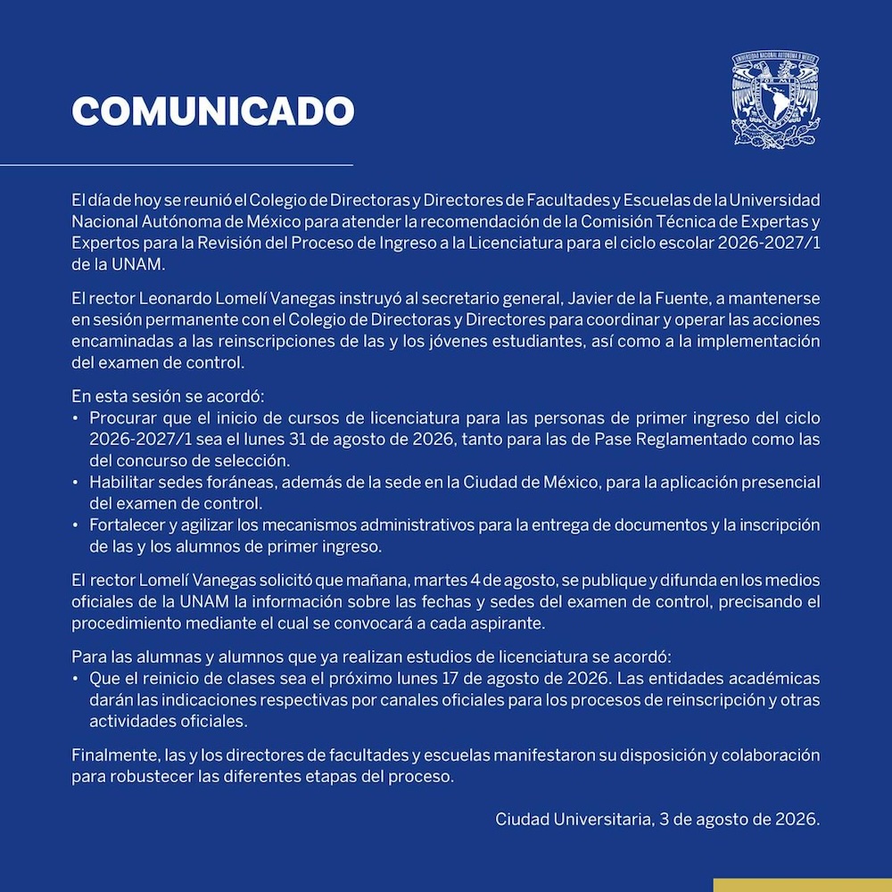 UNAM da a conocer fecha de inicio de clases para primer ingreso y cuándo publicará días y sedes del examen de Control