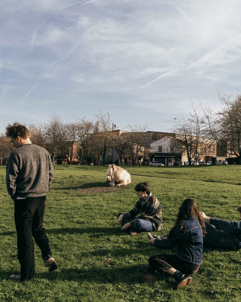 Integrantes de la banda Westside Cowboy relajándose en un parque verde; tres de ellos están sentados o recostados en el pasto y uno está de pie mirando hacia el horizonte. Al fondo, un caballo claro con manchas descansa sobre la hierba.