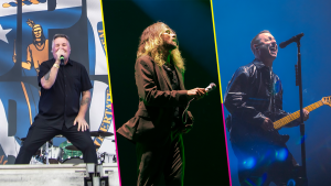 Collage de Ken Casey (Dropkick Murphys), Adam Lazzara (Taking Back Sunday) y Ryan Key (Yellowcard) cantando en vivo en el Vans Warped Tour CDMX 2026.
