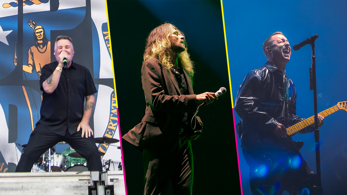 Collage de Ken Casey (Dropkick Murphys), Adam Lazzara (Taking Back Sunday) y Ryan Key (Yellowcard) cantando en vivo en el Vans Warped Tour CDMX 2026.