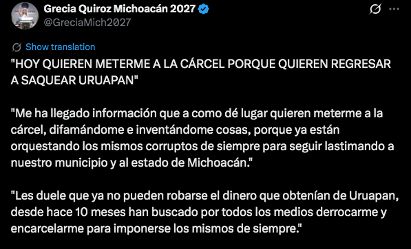 Por "obstrucción de la justicia": Fiscalía de Michoacán advierte sobre el posible arresto de Grecia Quiroz