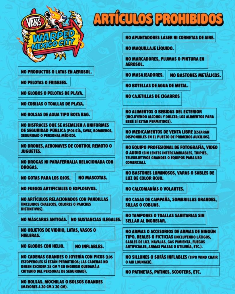 Lista de artículos NO permitidos Vans Warped Tour 2026