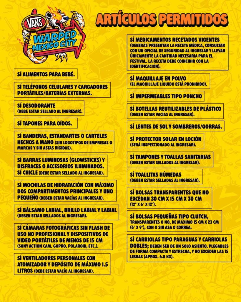 Lista de artículos permitidos vans warped tour