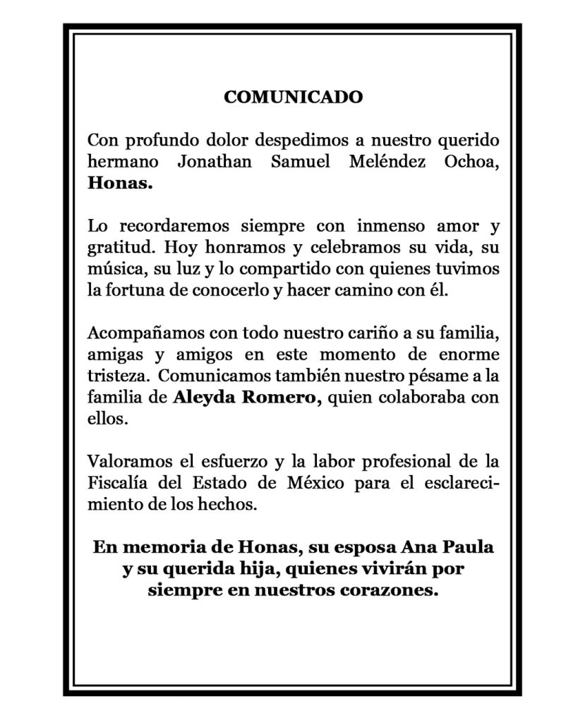 comunicado de Camilo Séptimo sobre el asesinato de su tecladista Jonathan Meléndez