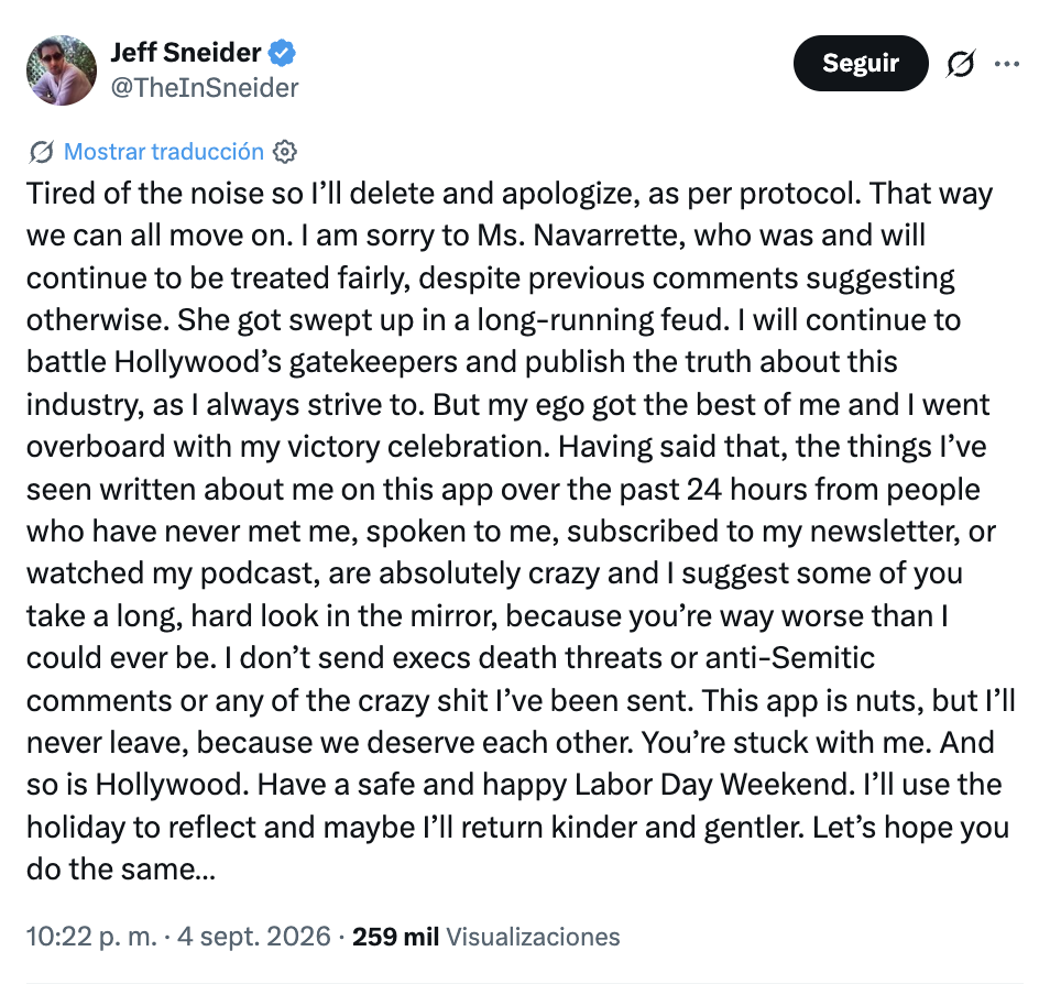 Captura de la publicación de Jeff Sneider sobre el caso de Inde Navarrette