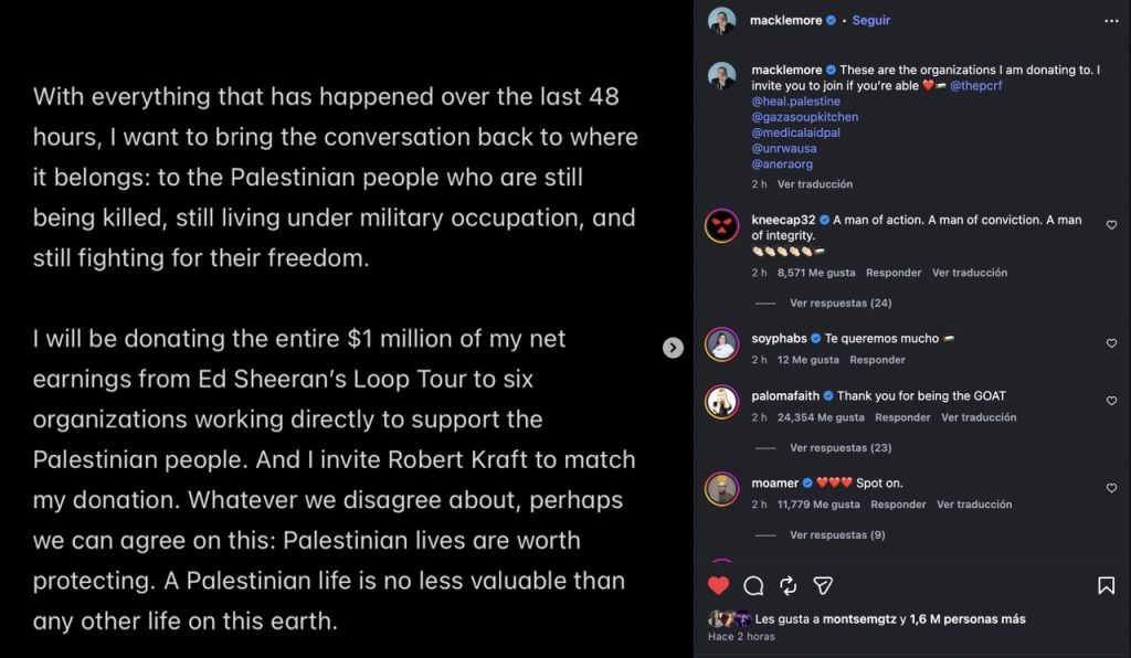 Comunicado de Macklemore sobre la donación de un millón de dólares que hará para apoyar a Palestina
