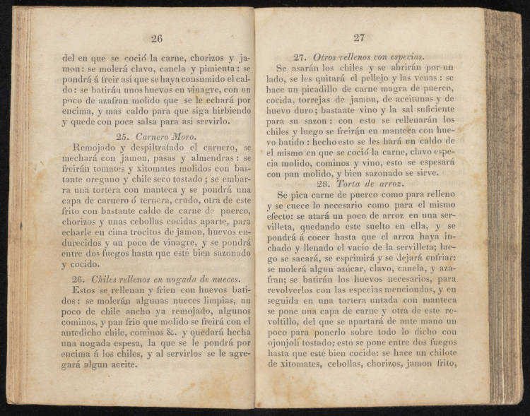 Receta de chiles rellenos en nogada de nueces publicada en un recetario de 1828