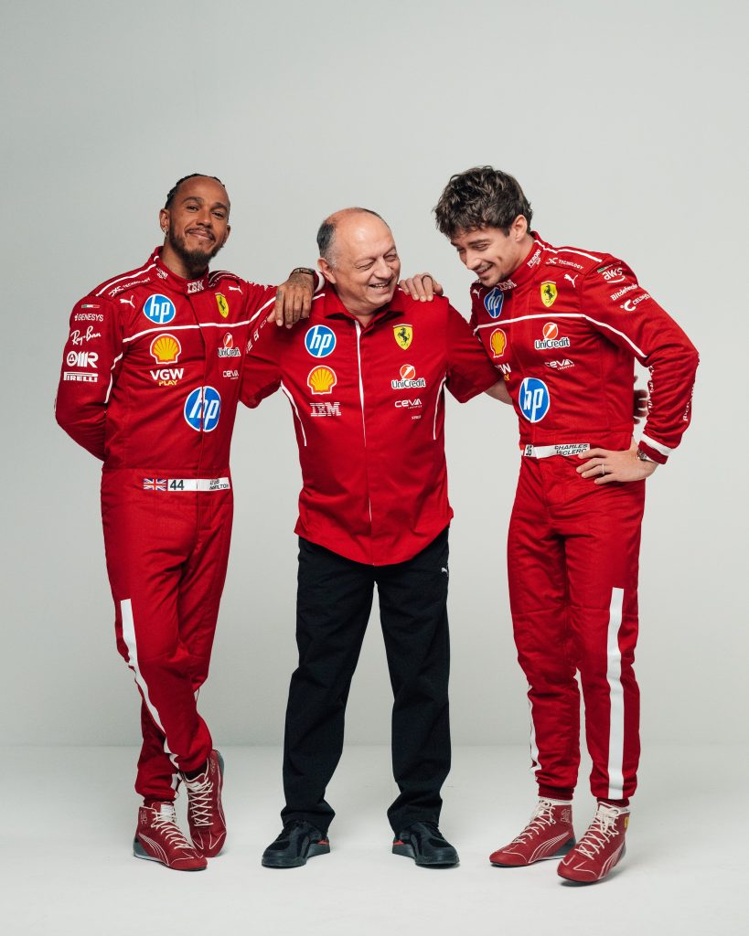 Lewis Hamilton, Fred Vasseur y Charles Leclerc