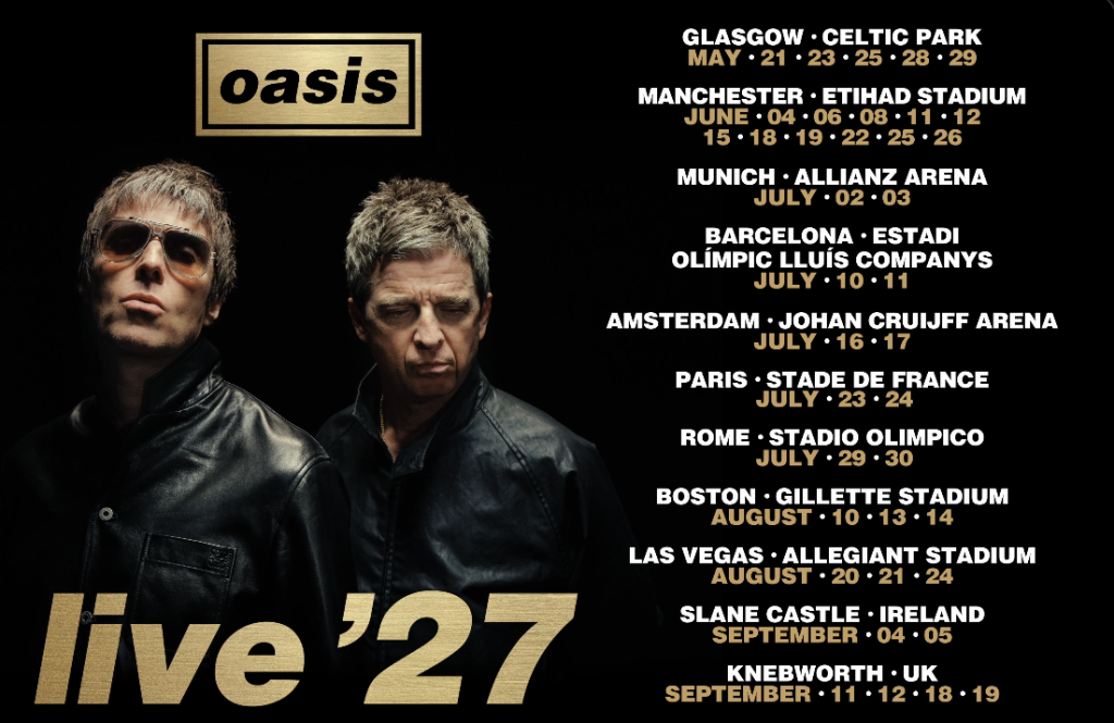 Póster oficial con las fechas y ciudades de la gira Oasis Live '27