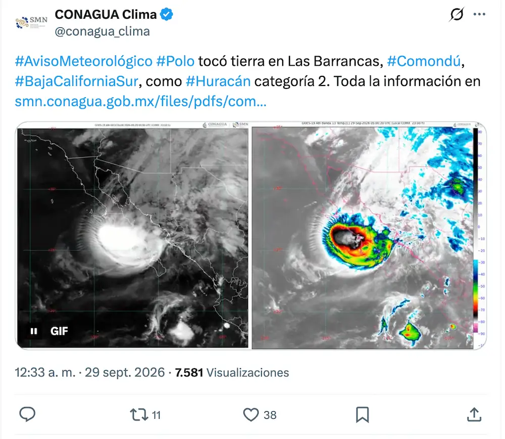 Huracán Polo toca tierra en Baja California Sur como categoría 2