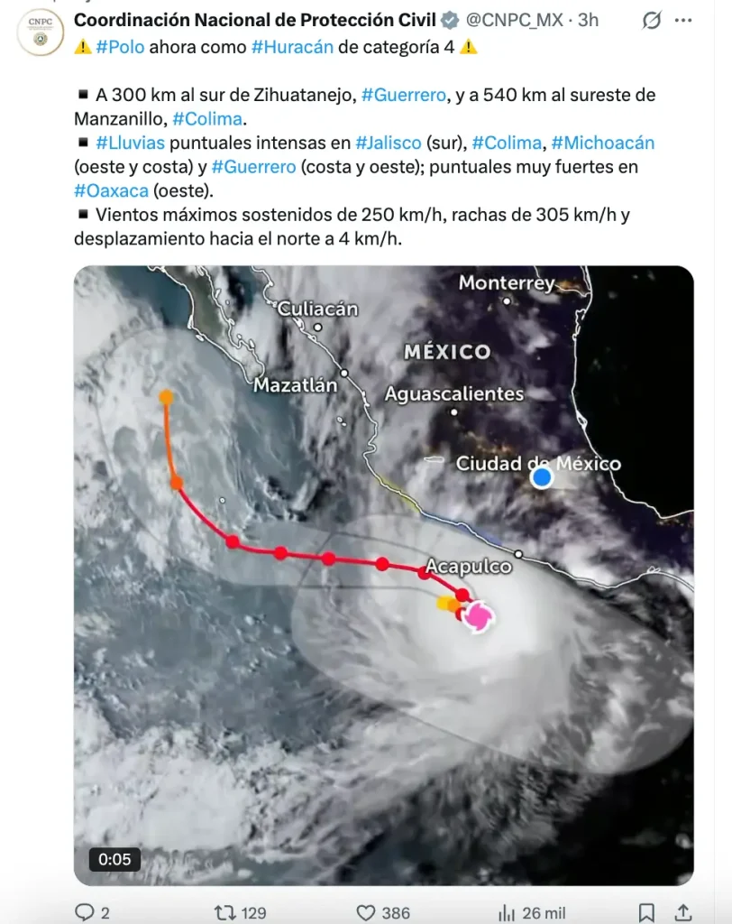 Huracán Polo baja a categoría 4 con lluvias en Jalisco, Michoacán, Guerrero y Oaxaca