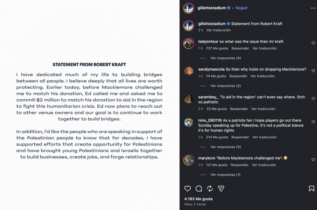 Comunicado de Robert Kraft en respuesta a la petición de Macklemore para donar apoyo a Palestina