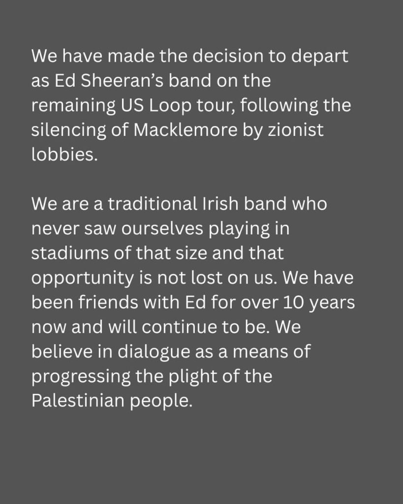 Comunicado de Beoga anunciando que renuncia a la gira de Ed Sheeran