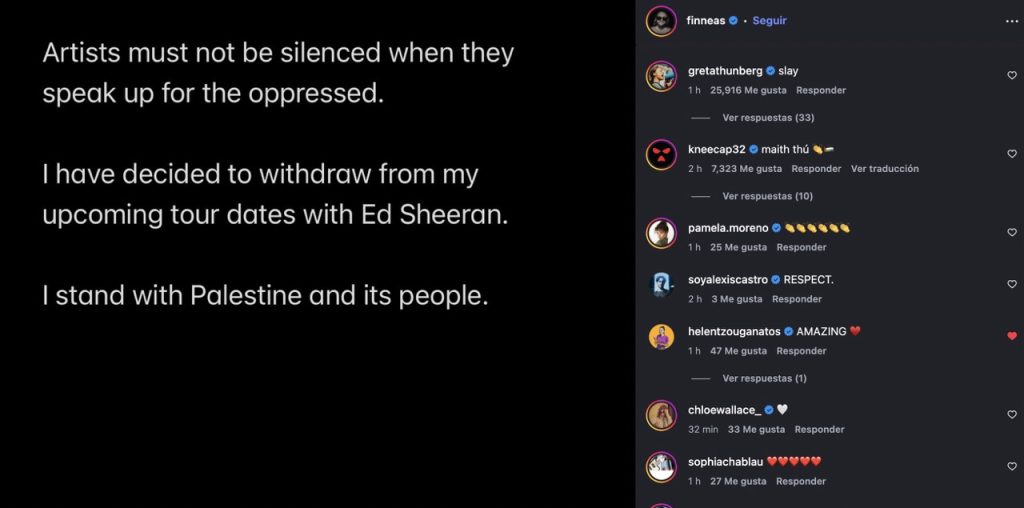 Comunicado de Finneas anunciando que renuncia a la gira de Ed Sheeran