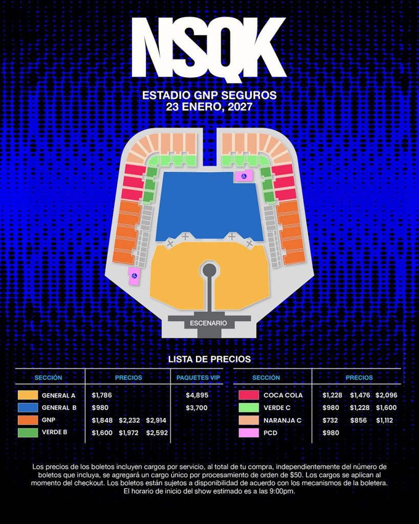 mapa de precios del concierto de nsqk en el estadio gnp seguros