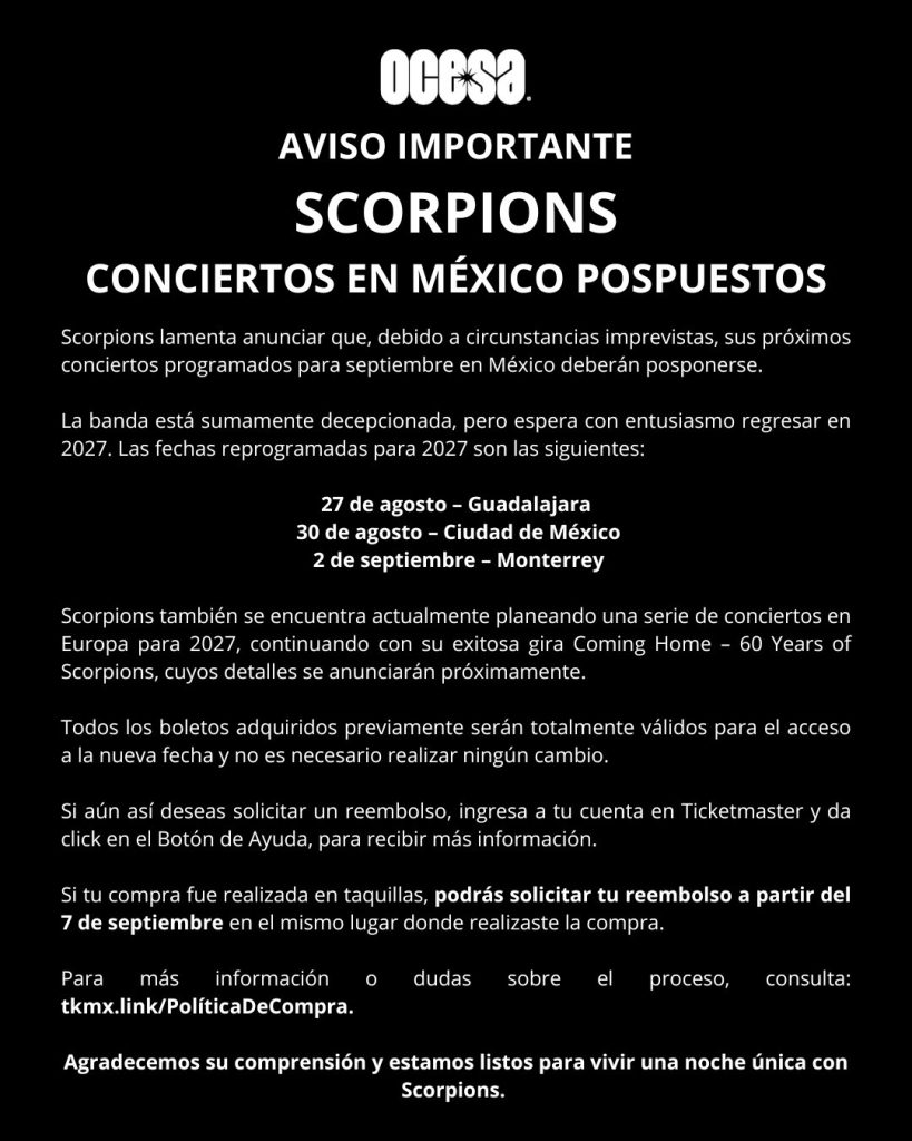 comunicado de OCESA sobre la reprogramación de los conciertos de Scorpions en México para el 2027