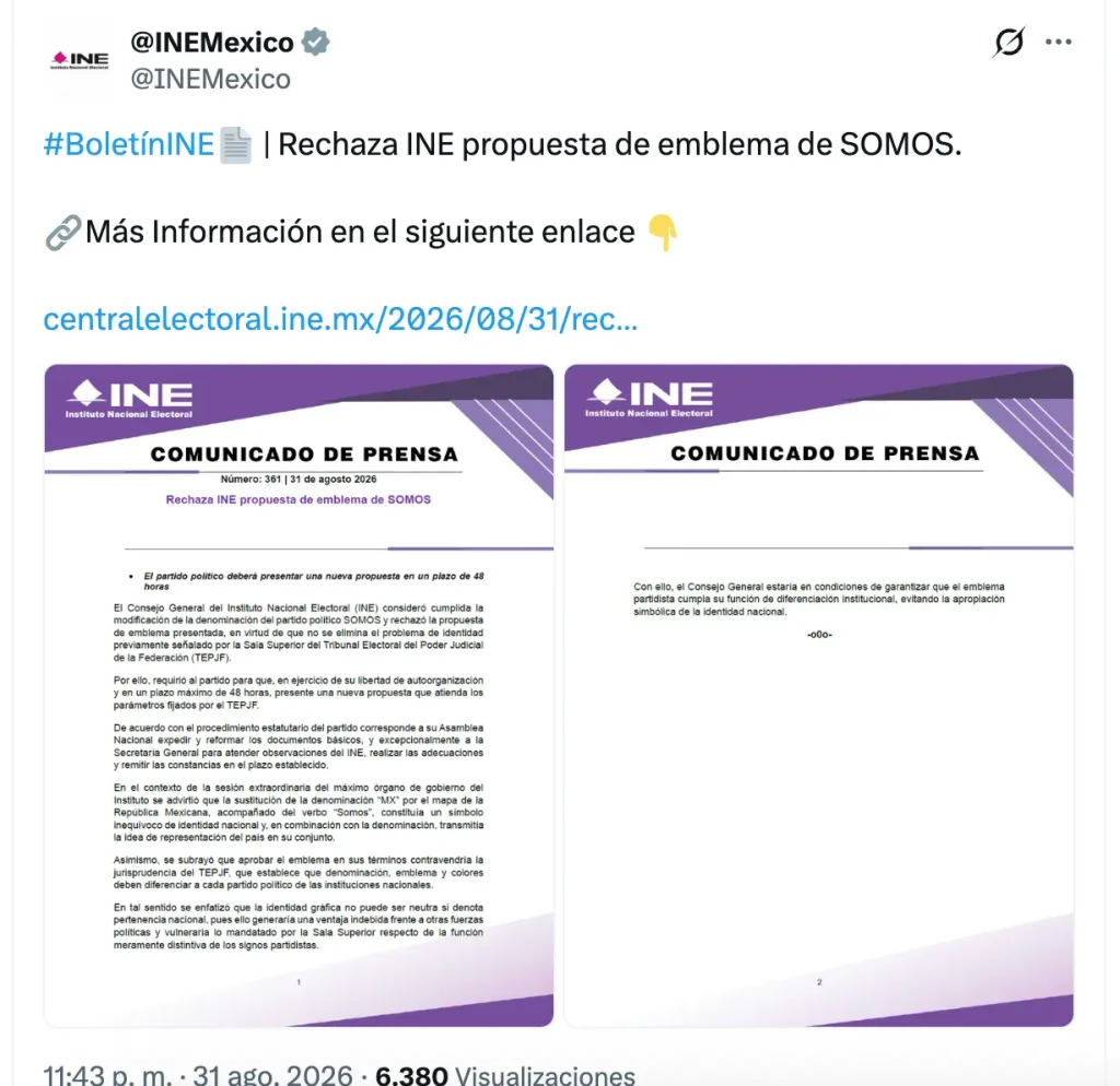 INE pide cambiar el logo de ‘SOMOS’, el nuevo partido político de la oposición