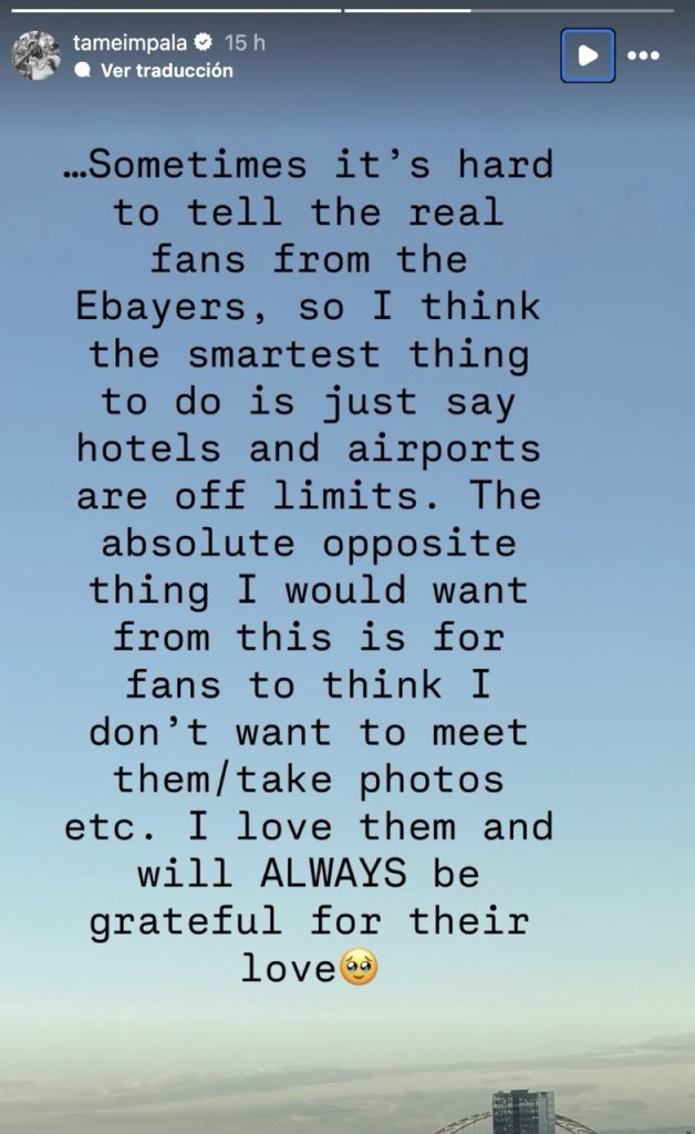 comunicado de kevin parker de tame impala mencionando que dejará de dar autógrafos en aeropuertos y hoteles