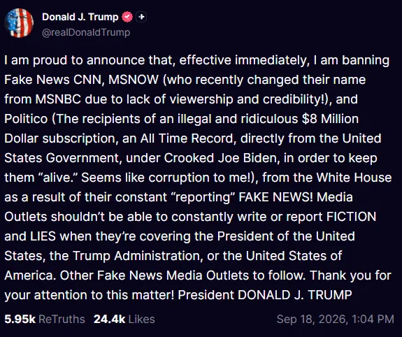 ¿Cómo por? Trump le prohíbe la entrada a la Casa Blanca a CNN, MS NOW y Politico