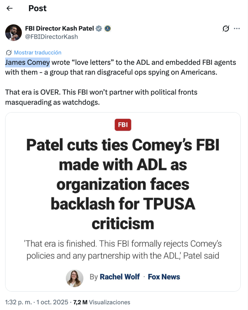 Captura del tuit del director del FBI sobre su decisión de romper relaciones con agencias