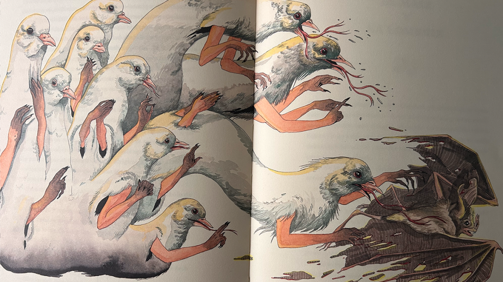 Ilustración en página doble del libro Fabudélicas que muestra a un grupo de palomas juzgando a un murciélago en una iglesia.