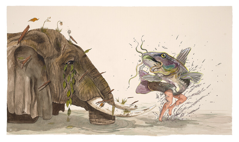 Ilustración del libro Fabudélicas de Mariana Magdaleno que muestra a un elefante melancólico cubierto de vegetación interactuando con un personaje.