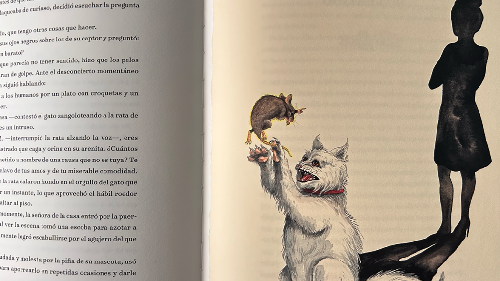 Ilustración y texto en las páginas interiores del libro Fabudélicas, creado por Eduardo Pérez Contreras "Spooky" e ilustrado por Mariana Magdaleno.