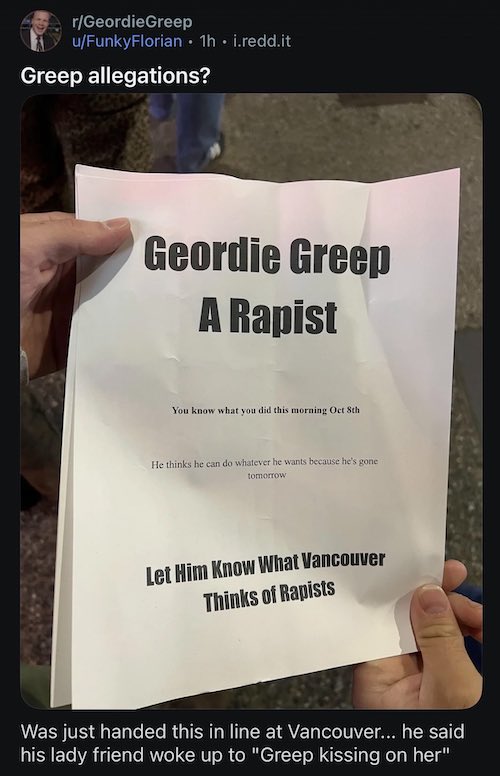 Imagen de hoja que se distribuyó para acusar a Geordie Greep de violación