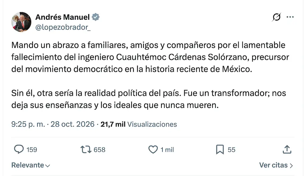 Fallece Cuauhtémoc Cárdenas, líder histórico de la izquierda en México, a los 92 años