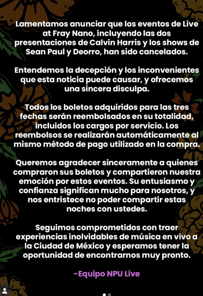 comunicado Cancelan shows de Calvin Harris