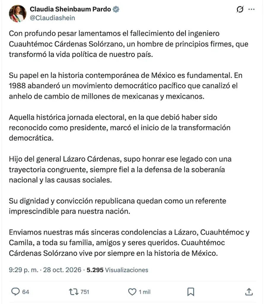 Fallece Cuauhtémoc Cárdenas, líder histórico de la izquierda en México, a los 92 años