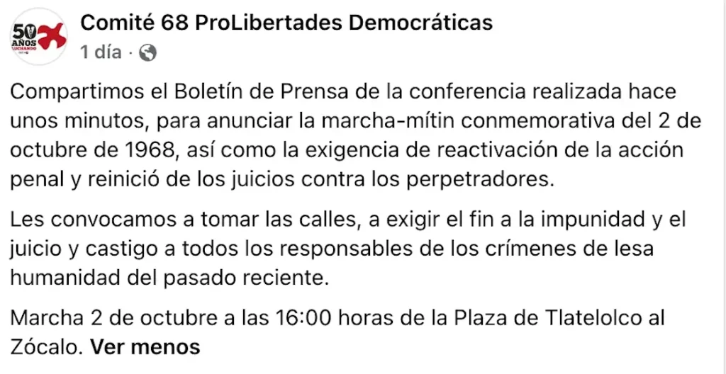 Ruta, hora y calles cerradas de la marcha del 2 de octubre 2026 en CDMX