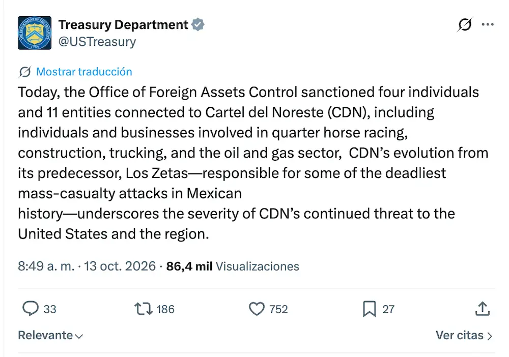 Estados Unidos sanciona a empresas en Tamaulipas por nexos con el cártel del Noreste