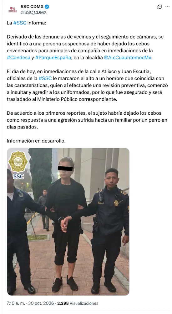 Detienen al presunto responsable de envenenar perros en la Condesa