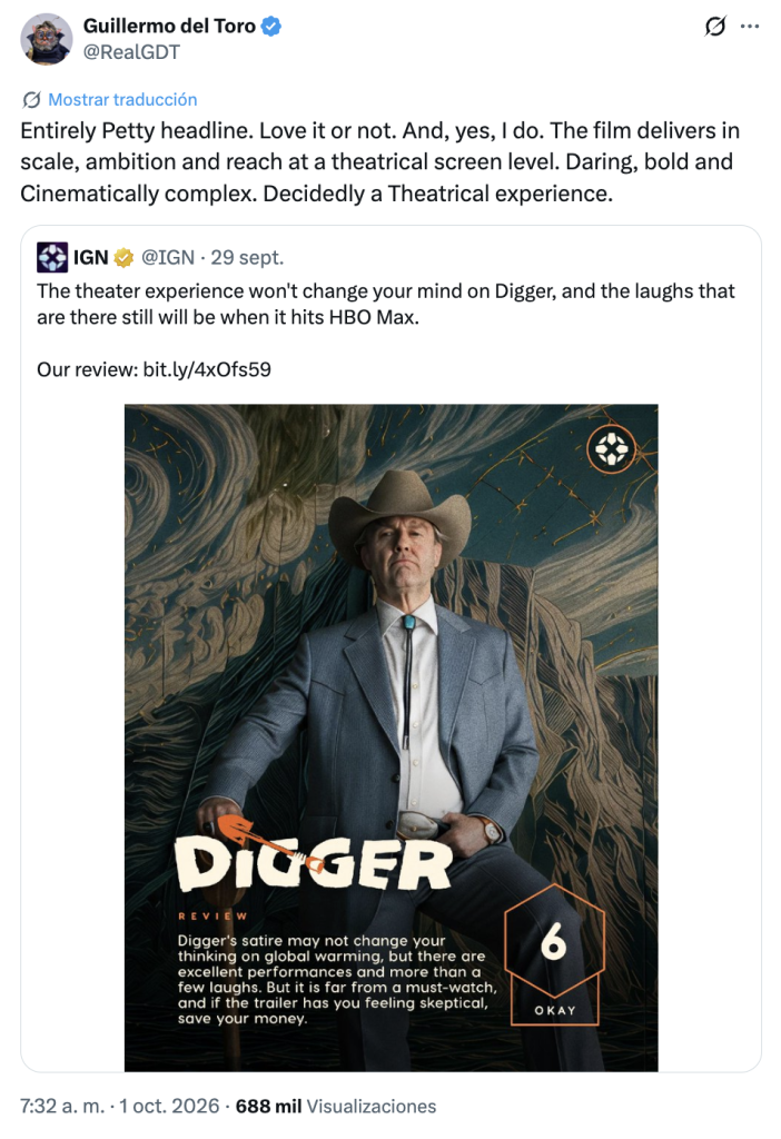 Captura del tuit de Guillermo del Toro sobre Digger