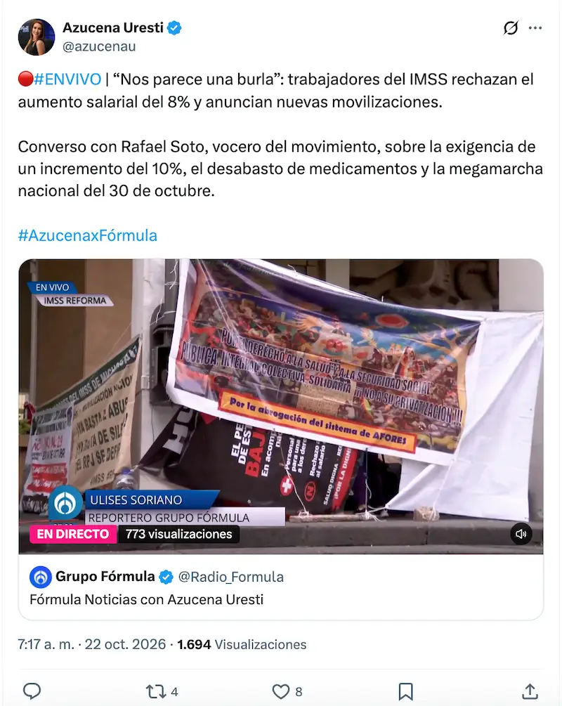Trabajadores del IMSS convocan a tercera megamarcha el 30 de octubre
