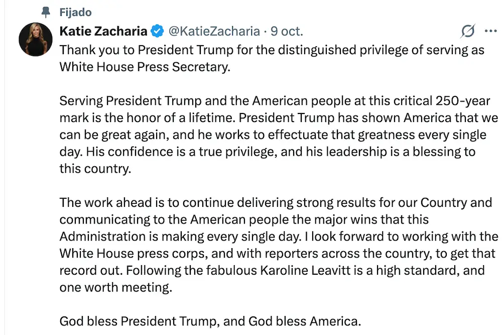 Trump despide a Katie Zacharia, 5 días después de nombrarla portavoz de la Casa Blanca