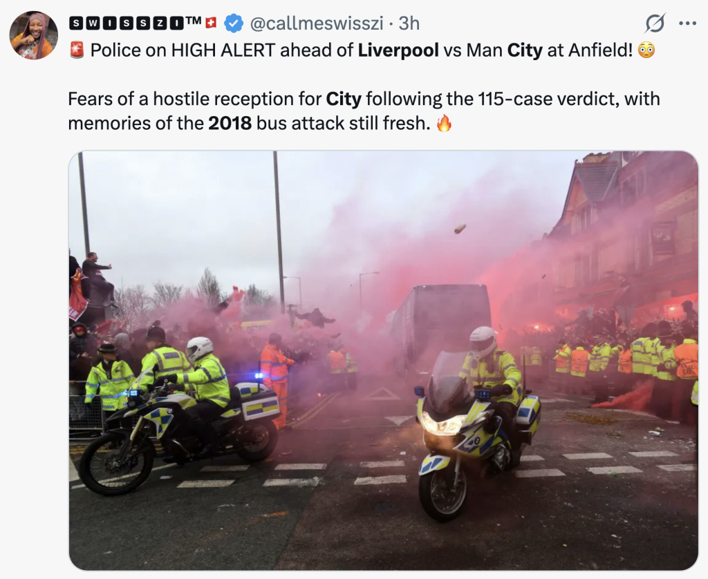 Hay alerta por "bienvenida" violenta al Manchester City en su visita a Liverpool