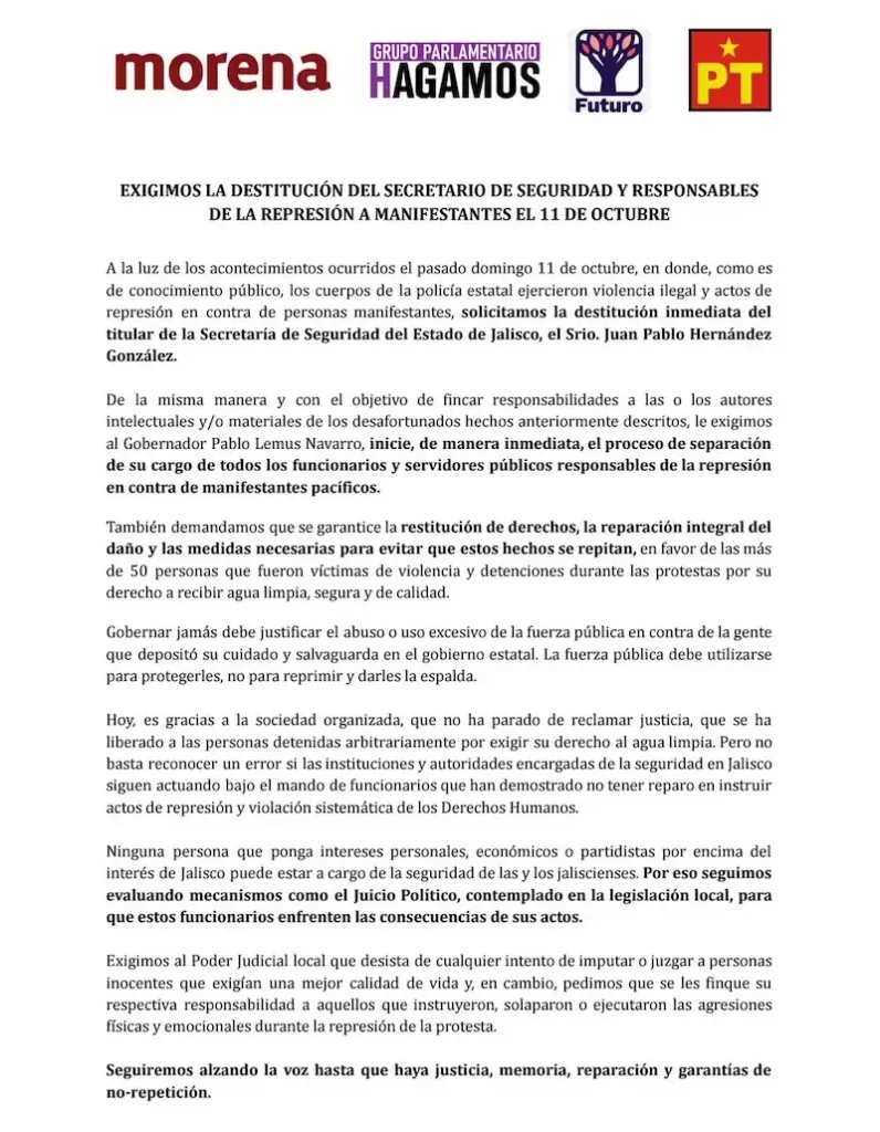 Agua limpia en Guadalajara: Exigen destitución del secretario de Seguridad de Jalisco por represión