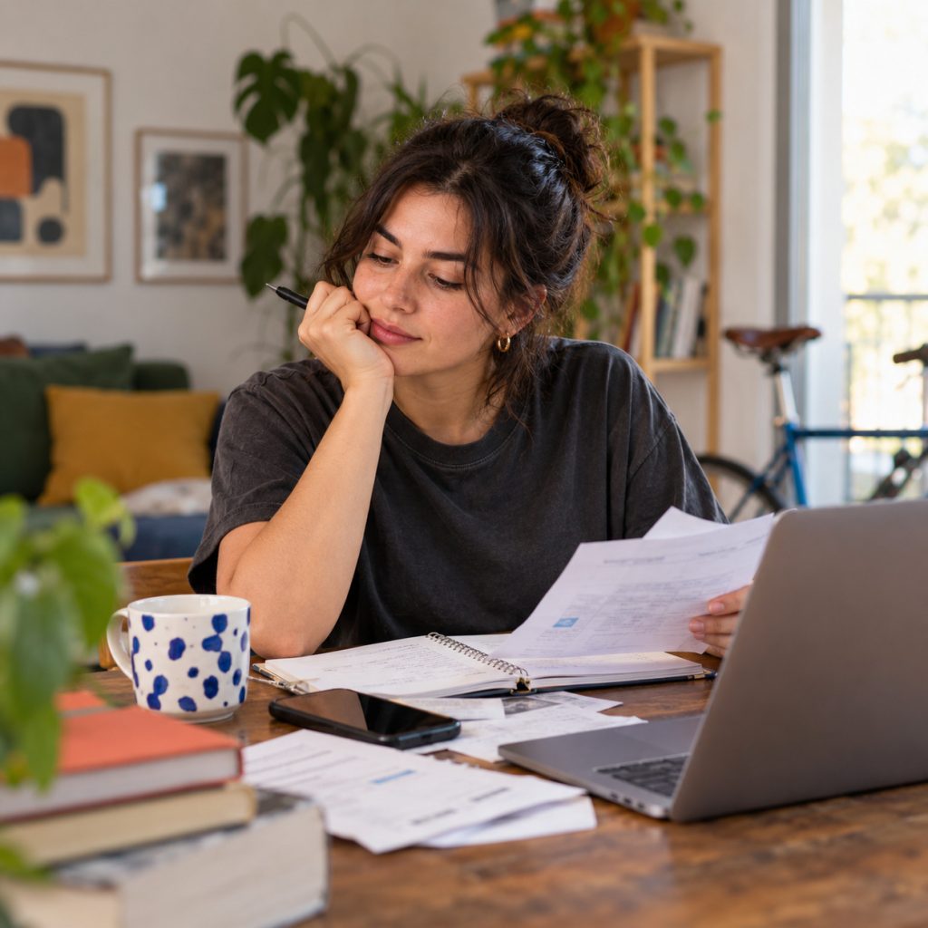 mujer revisando cuentas