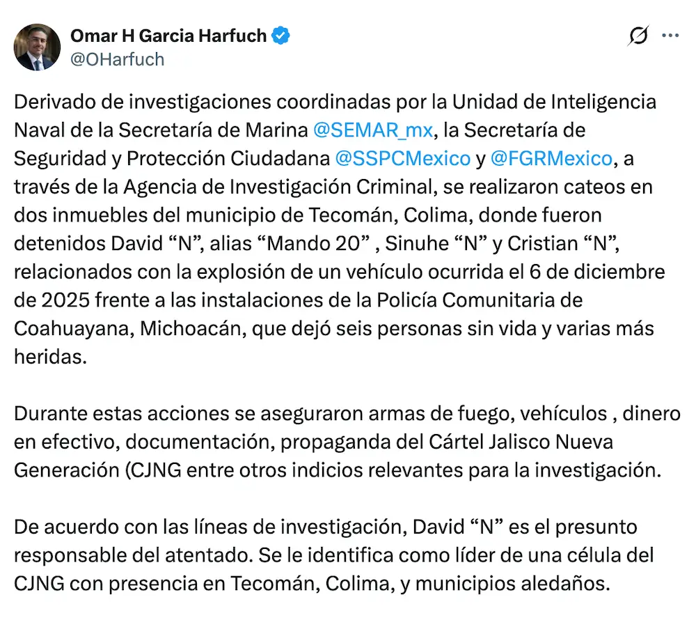 Detienen a 3 sujetos por el caso del coche bomba en Coahuayana, Michoacán