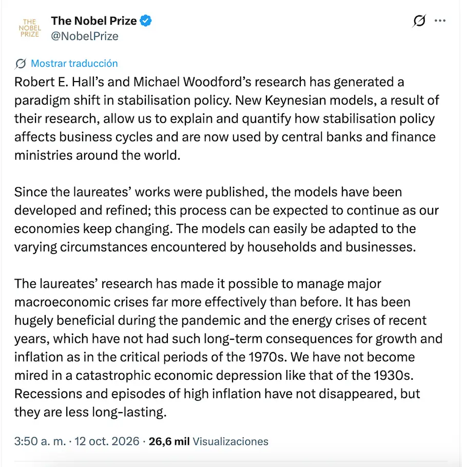 Robert E. Hall y Michael Woodford ganan el Premio Nobel de Economía 2026