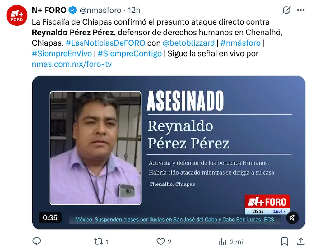 Asesinan a Reynaldo Pérez, defensor indígena de derechos humanos, en Chenalhó