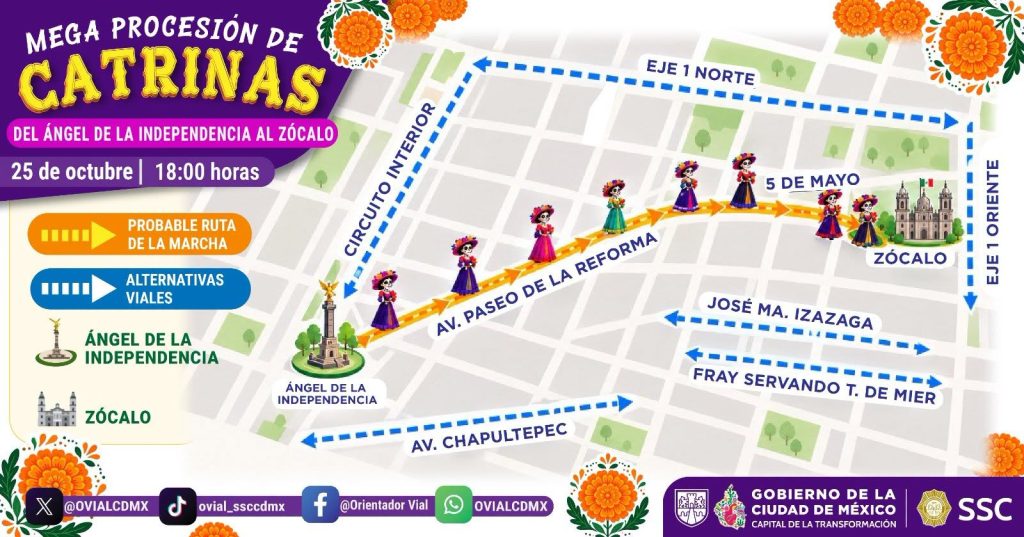 Calaverita vial: cierres viales, rutas alternas, horarios del Metro por desfile del Día de Muertos