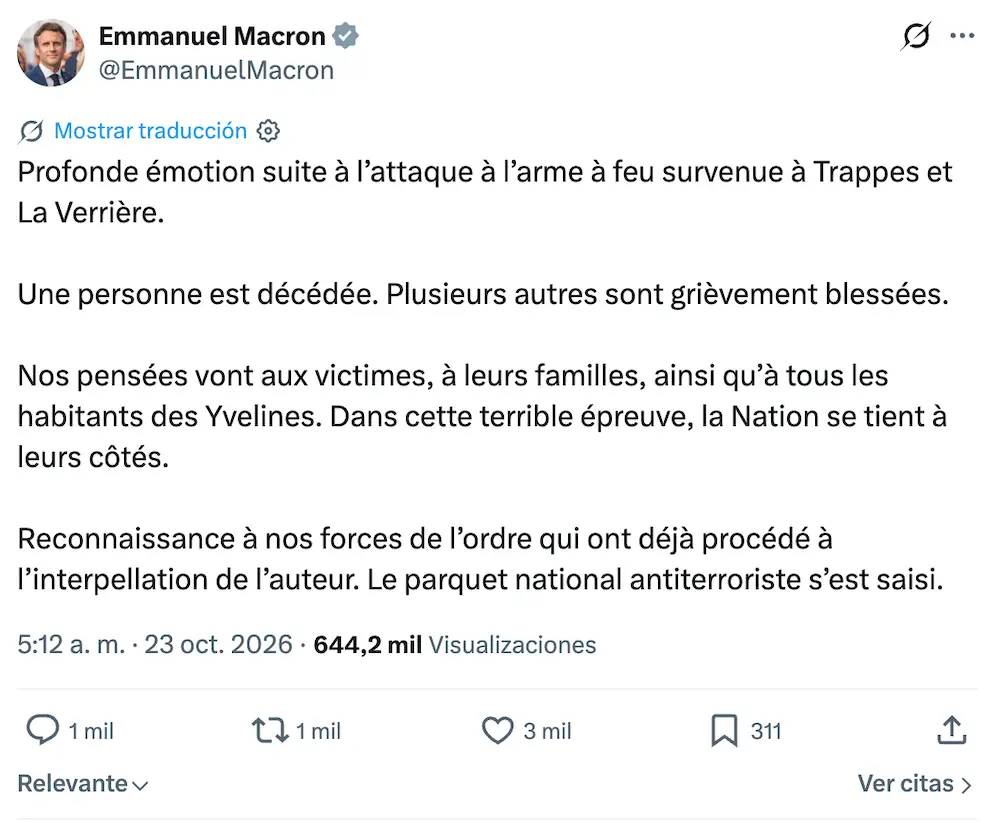 Al menos, un muerto y varios heridos en tiroteo en Francia; el presunto agresor fue detenido