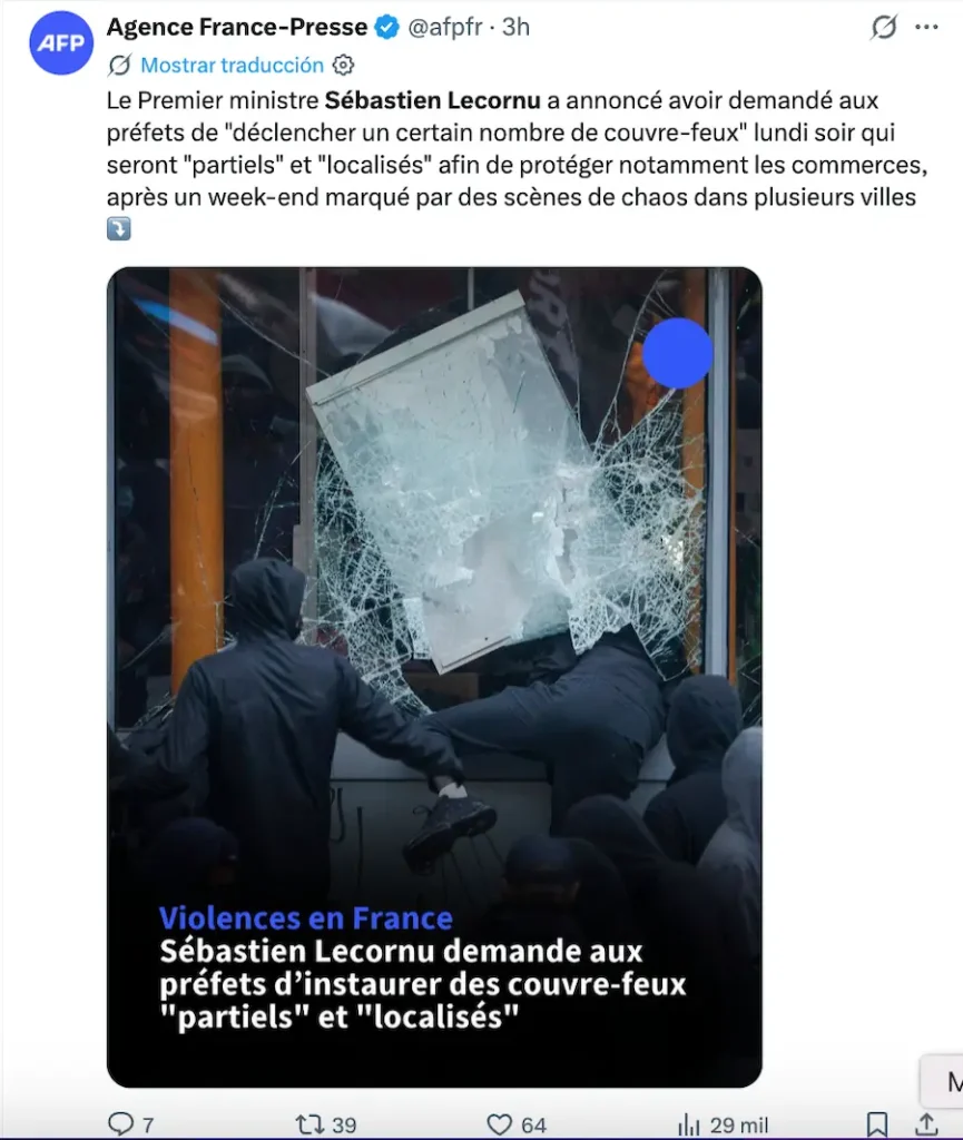 Gobierno de Francia va por el toque de queda