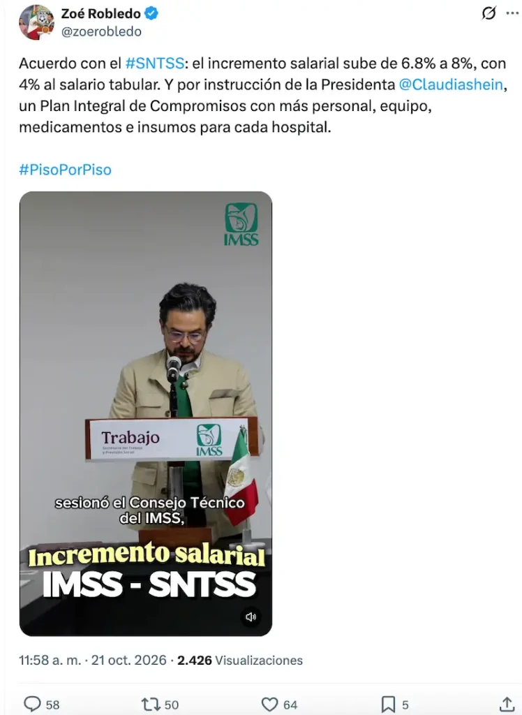 Zoé Robledo propone aumento salarial del 8% pero trabajadores del IMSS lo rechazan